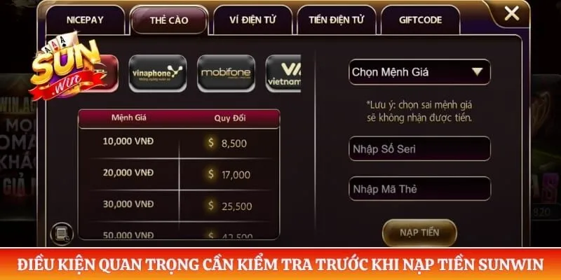 Điều kiện quan trọng cần kiểm tra trước khi nạp tiền Sunwin